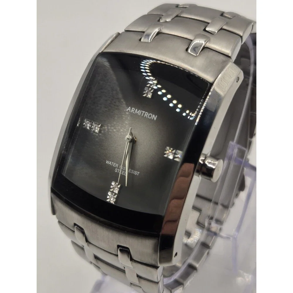 Armitron Men’s Rectangle Dress Watch Silver Tone All Stainless Black Dial WR50M